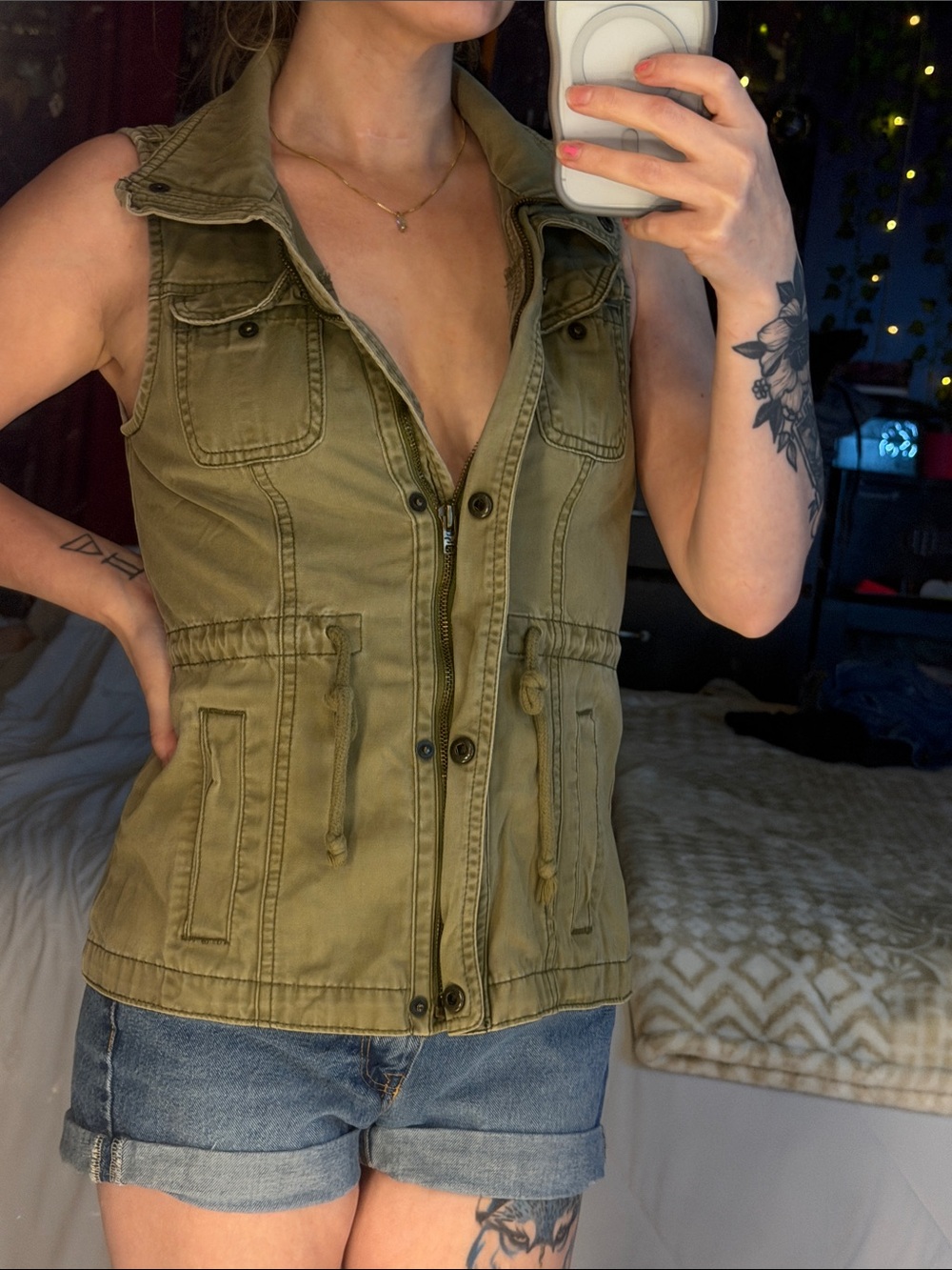 Hollister Olive Green Utility Vest with Front Zip & Button